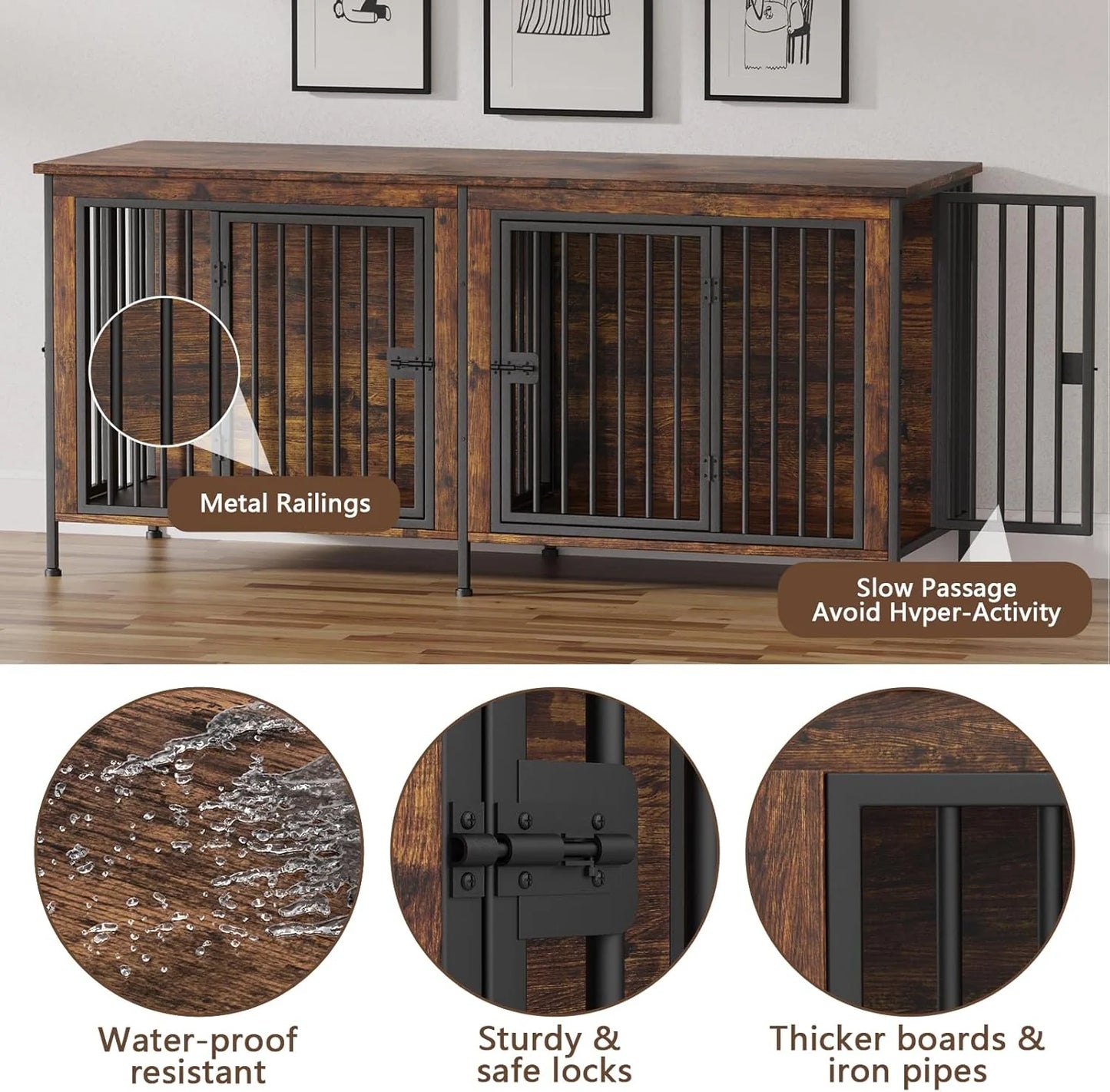 78" XXL Dog Crate Furniture for 2 Large Dogs – Double Kennel with Divider, Wooden TV Stand Style Dog Cage with Doors & Storage (Rustic Brown)