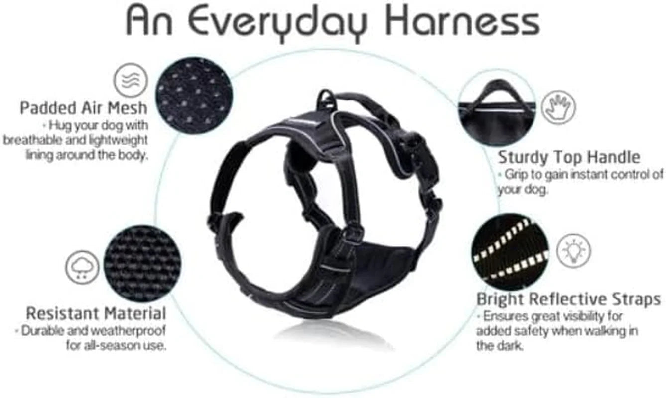 No-Pull Dog Harness with 2 Leash Clips – Adjustable, Reflective, Padded Vest for Large Dogs (Black, L)