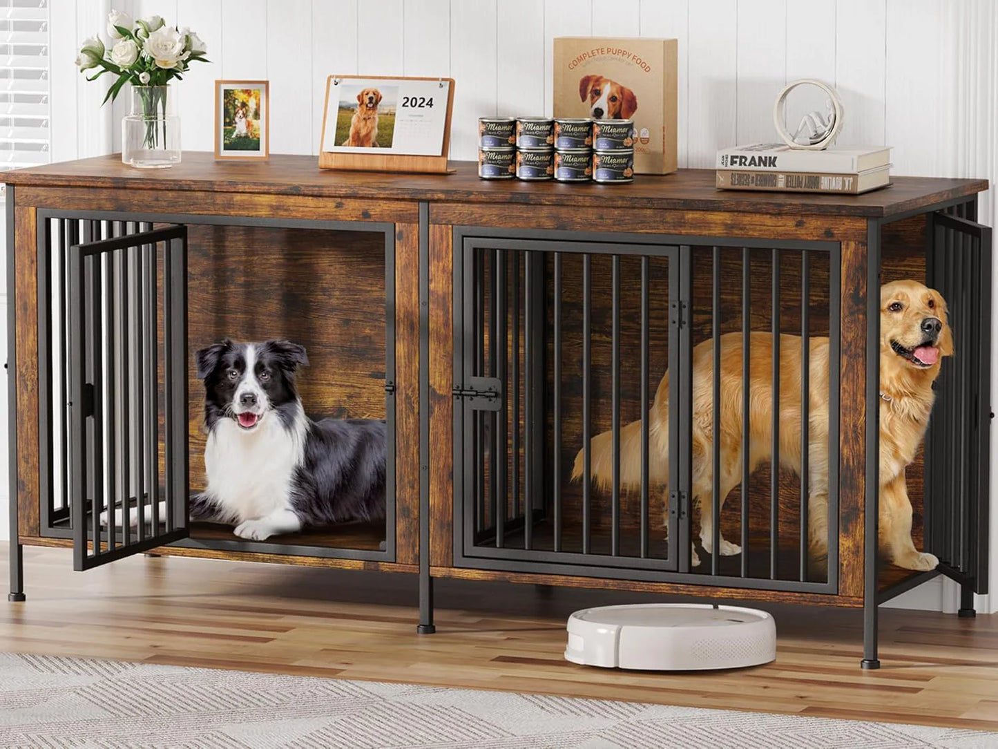 78" XXL Dog Crate Furniture for 2 Large Dogs – Double Kennel with Divider, Wooden TV Stand Style Dog Cage with Doors & Storage (Rustic Brown)