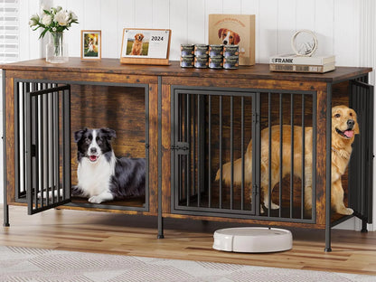 78" XXL Dog Crate Furniture for 2 Large Dogs – Double Kennel with Divider, Wooden TV Stand Style Dog Cage with Doors & Storage (Rustic Brown)