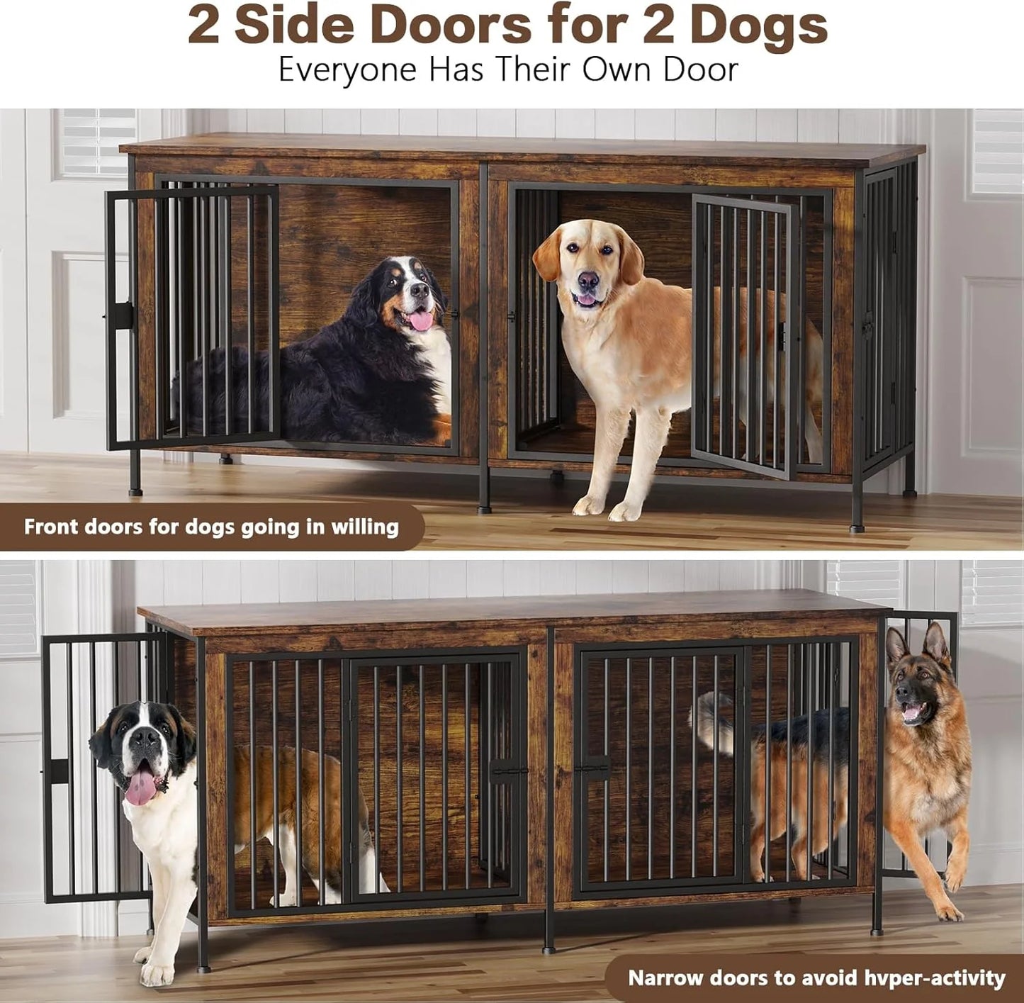 78" XXL Dog Crate Furniture for 2 Large Dogs – Double Kennel with Divider, Wooden TV Stand Style Dog Cage with Doors & Storage (Rustic Brown)