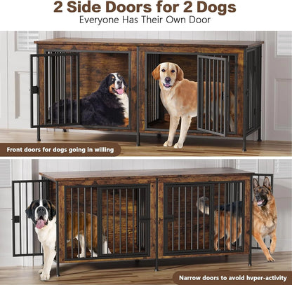 78" XXL Dog Crate Furniture for 2 Large Dogs – Double Kennel with Divider, Wooden TV Stand Style Dog Cage with Doors & Storage (Rustic Brown)