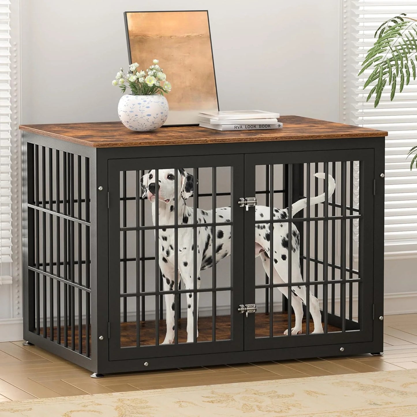 Rustic Dog Crate Furniture – Heavy Duty Wooden Kennel & End Table for Large/Medium Dogs (42" Brown)