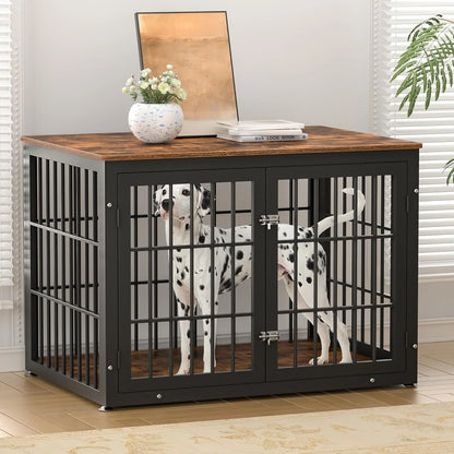 Rustic Dog Crate Furniture – Heavy Duty Wooden Kennel & End Table for Large/Medium Dogs (42" Brown)