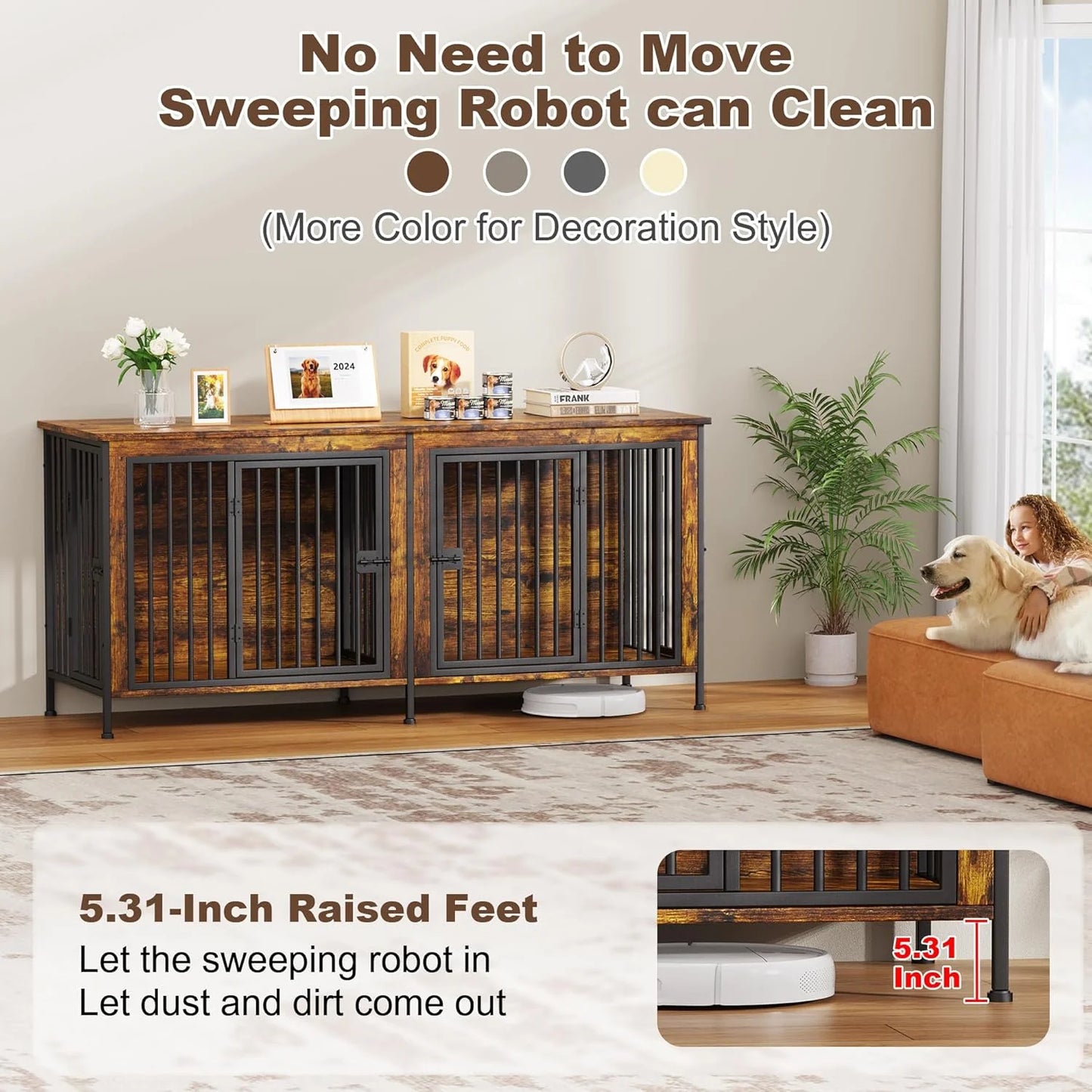 78" XXL Dog Crate Furniture for 2 Large Dogs – Double Kennel with Divider, Wooden TV Stand Style Dog Cage with Doors & Storage (Rustic Brown)