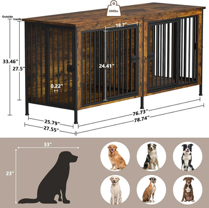 78" XXL Dog Crate Furniture for 2 Large Dogs – Double Kennel with Divider, Wooden TV Stand Style Dog Cage with Doors & Storage (Rustic Brown)