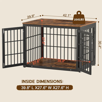 Rustic Dog Crate Furniture – Heavy Duty Wooden Kennel & End Table for Large/Medium Dogs (42" Brown)