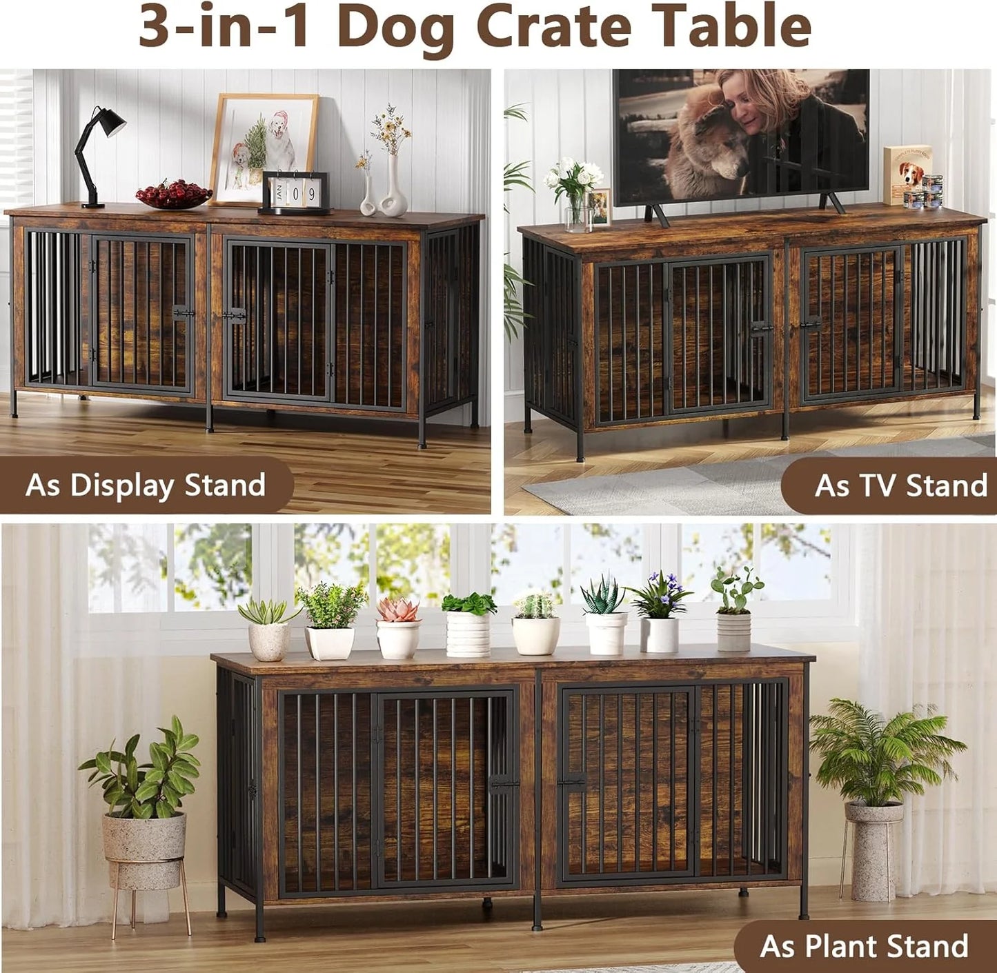 78" XXL Dog Crate Furniture for 2 Large Dogs – Double Kennel with Divider, Wooden TV Stand Style Dog Cage with Doors & Storage (Rustic Brown)