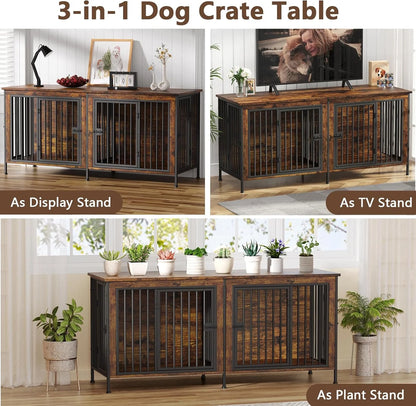 78" XXL Dog Crate Furniture for 2 Large Dogs – Double Kennel with Divider, Wooden TV Stand Style Dog Cage with Doors & Storage (Rustic Brown)