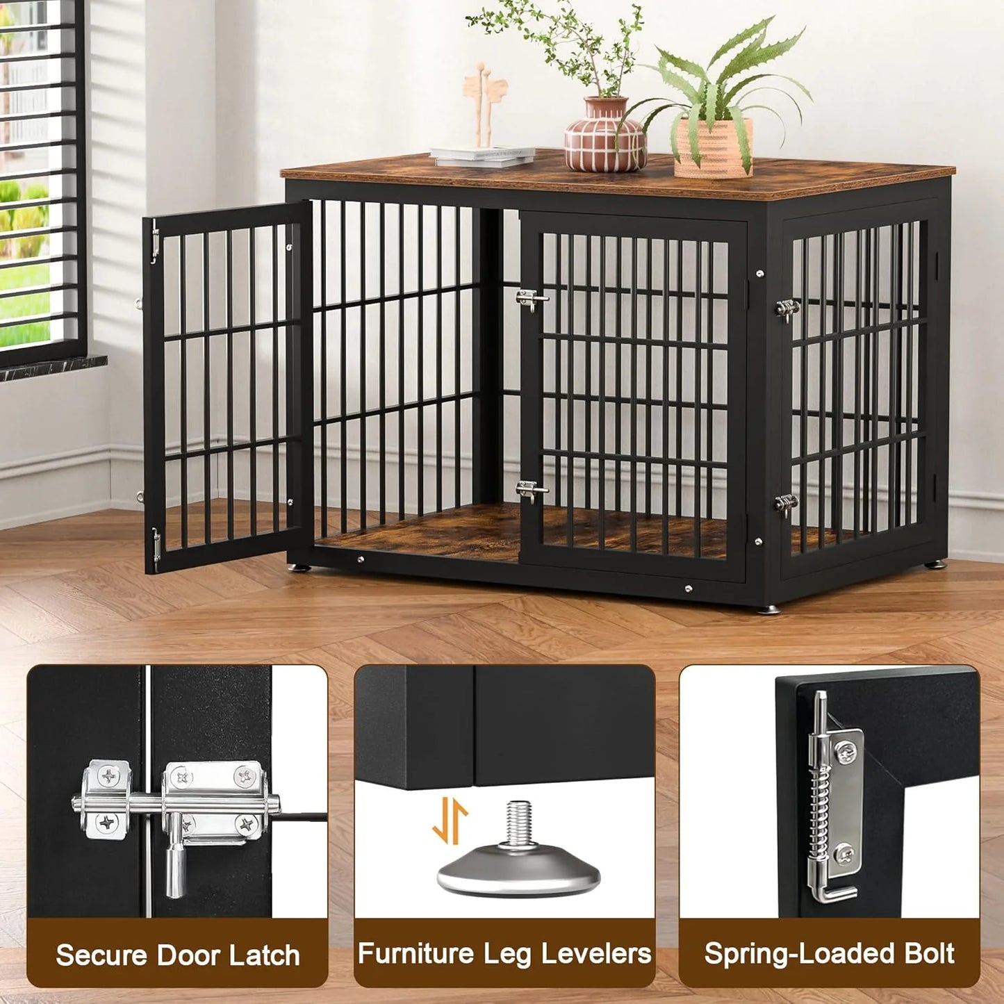 Rustic Dog Crate Furniture – Heavy Duty Wooden Kennel & End Table for Large/Medium Dogs (42" Brown)