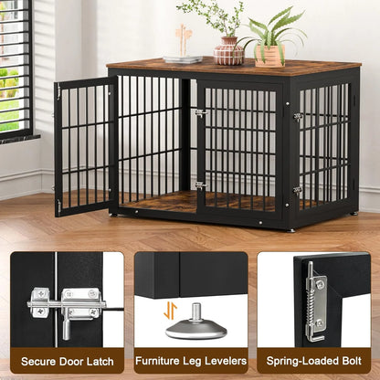 Rustic Dog Crate Furniture – Heavy Duty Wooden Kennel & End Table for Large/Medium Dogs (42" Brown)