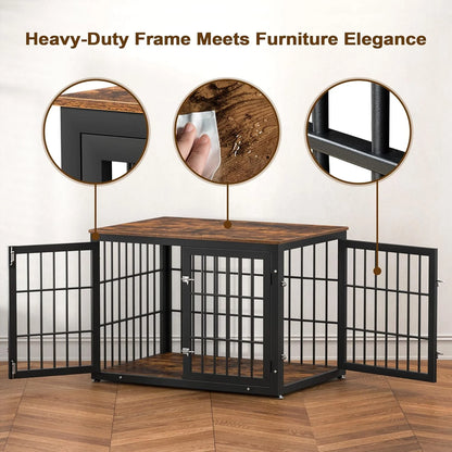 Rustic Dog Crate Furniture – Heavy Duty Wooden Kennel & End Table for Large/Medium Dogs (42" Brown)