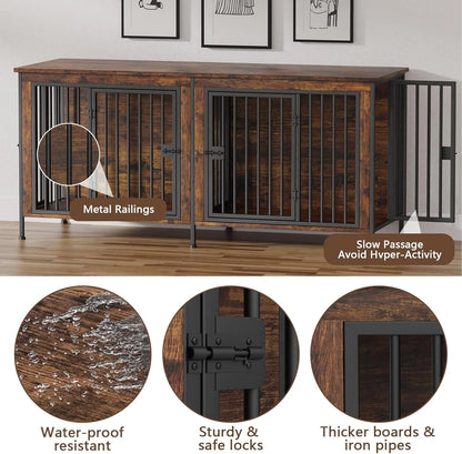 78" XXL Dog Crate Furniture for 2 Large Dogs – Double Kennel with Divider, Wooden TV Stand Style Dog Cage with Doors & Storage (Rustic Brown)